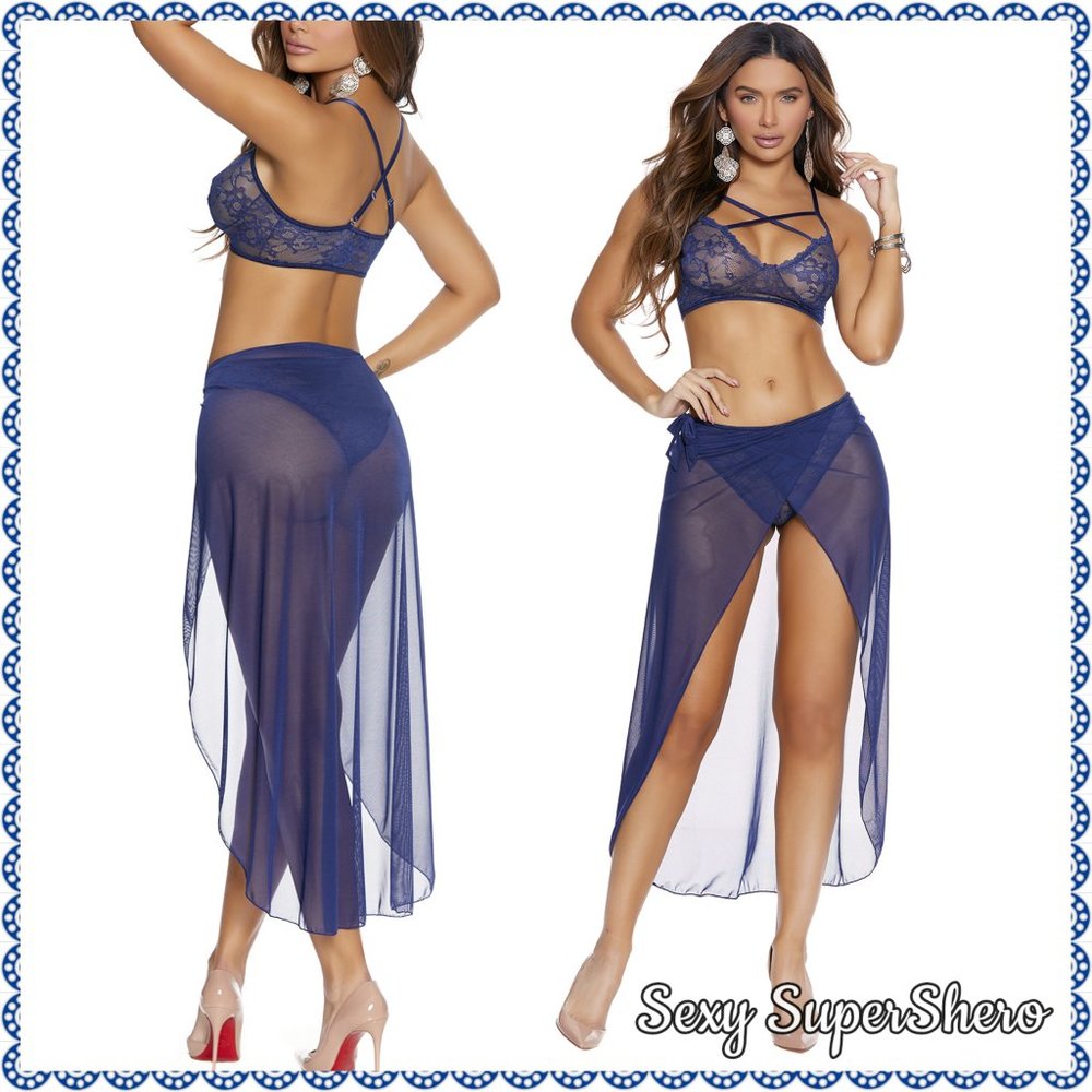 🆕🔹"Midnight Blues" 3pc Lingerie Set-Bralette, Ruched Panty, & Mesh Skirt